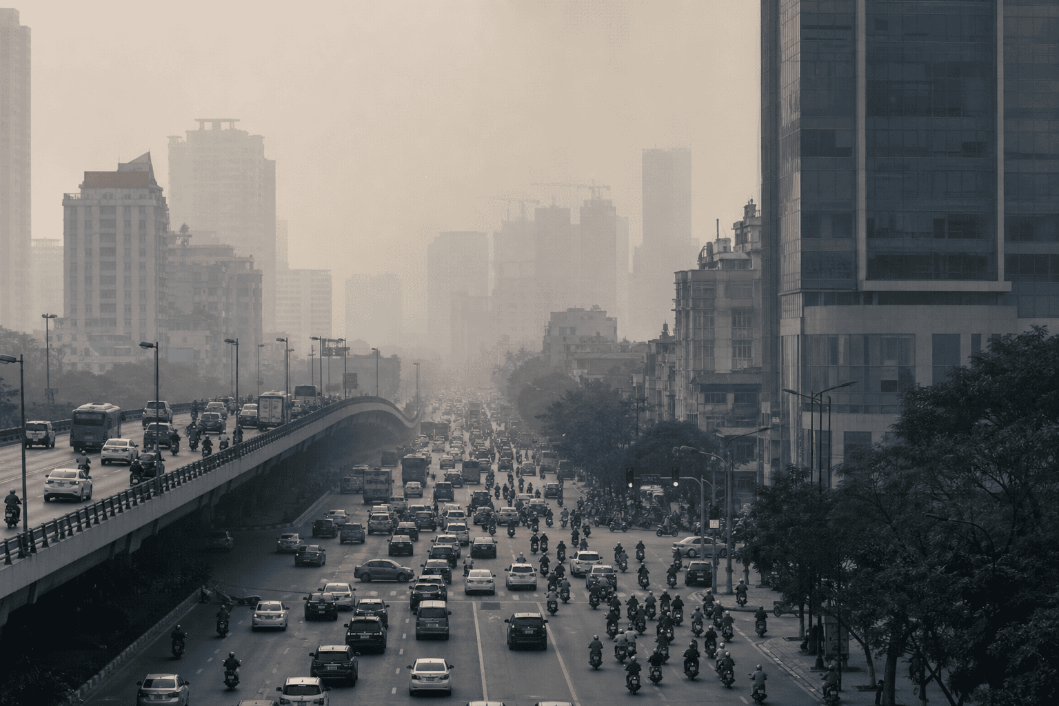 Đô thị với không khí ô nhiễm và giao thông đông đúc