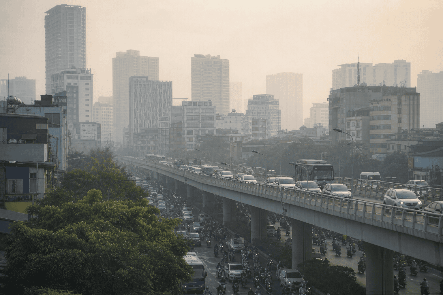 Đô thị với giao thông đông đúc và không khí ô nhiễm